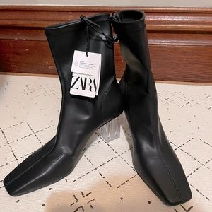 Zara Black Ankle Sock Boot Booties with Clear Metacrylate Heels and Square Toe